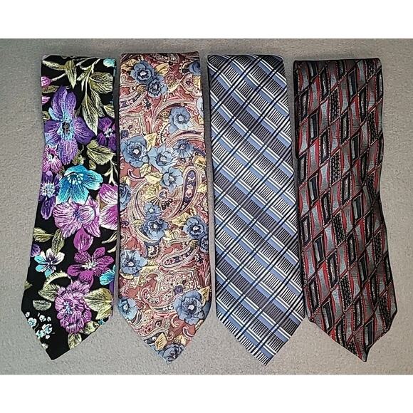 Lot of 4 Men’s Vintage Neck Ties – Paisley & Geometric | Silk/Polyester Blend - Picture 1 of 3